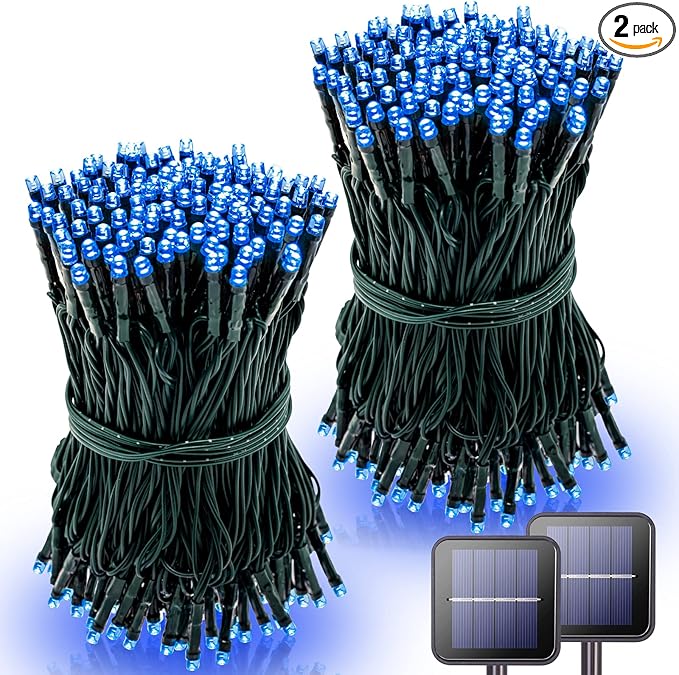 2 Pack Blue Solar Christmas Lights Outdoor Waterproof, Each 42.7 ft 100 LED Solar Powered String Lights, 8 Modes Solar Twinkle Lights for Garden Yard Patio Tree Porch Christmas Decorations