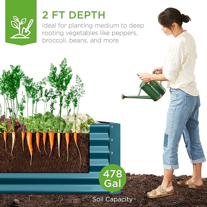 Best Choice Products 8x4x2ft Outdoor Metal Raised Garden Bed, Deep Root Planter Box for Vegetables, Flowers, Herbs, and Succulents w/ 478 Gallon Capacity - Peacock Blue