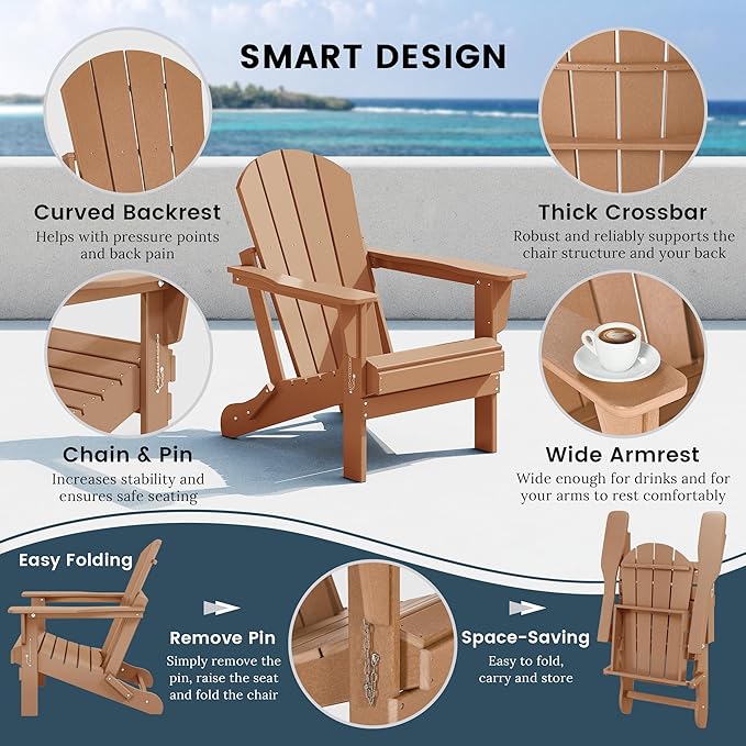 Westin Outdoors Laguna WO Outdoor Adirondack Folding Patio Chairs 8 PCS Set Retro Beach Aesthetic for Backyard, Lawn, Patio, Deck, Garden, Weather Resistant Polyethylene Plastic Lounger (Teak)