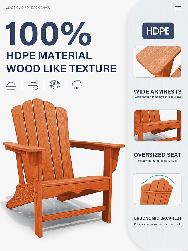 KINGYES HDPE Adirondack Chair Chair Set of 8, Classic All-Weather Adirondack Chair, Orange