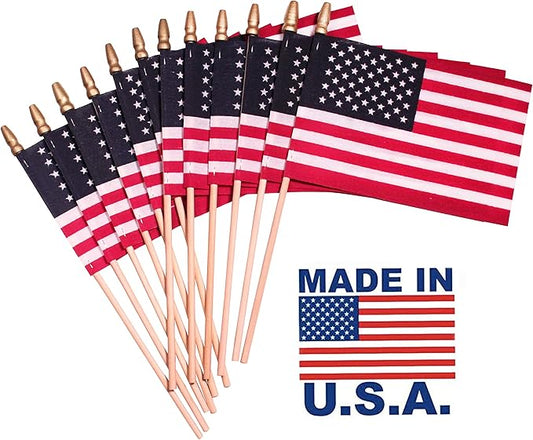 American Flags on Stick - Handheld Spearhead US Flag for 4th of July, Memorial Day Event Decorations - Patriotic Decor for Indoors & Yard - Wooden Stick, Cotton Fabric (12" X 18" - 144 Pack)