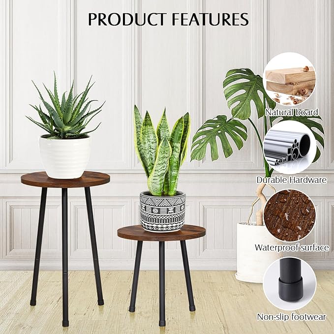 2 Pack Indoor Plant Stand, Mid-Century Wooden Style Plant Holder, Indoor Outdoor Flower Stand,Small Round Table, Two Different Sizes(Black)