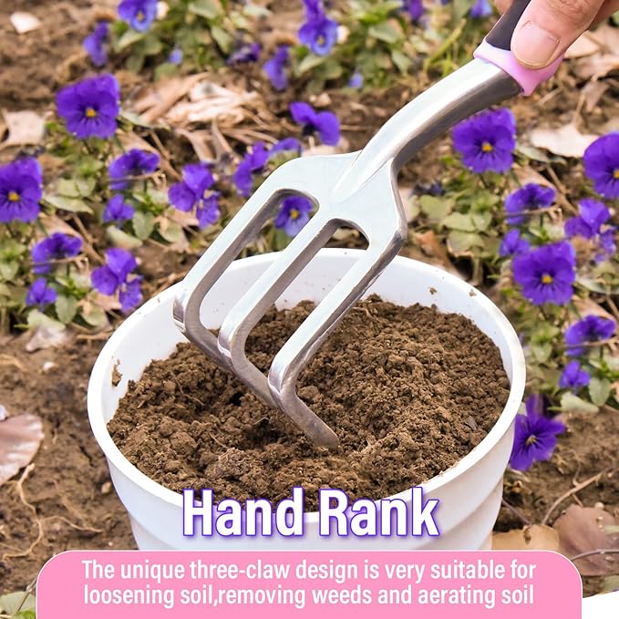 Garden Tool Set SOYUS Heavy Duty 3 Piece Gardening Hand Tools Aluminum Garden Shovel for Planting Hand Trowel Cultivator Rake with Ergonomic Non-Slip Rubber Grip Pink Gardening Gifts for Women