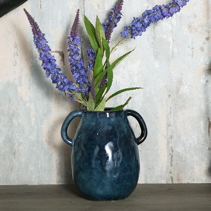 Blue Ceramic Vase with 2 Handles, Modern Farmhouse Decor, Rustic Terracotta Pottery, Decorative Flower Vases, Clay Small Vase, Centerpiece for Dining Table - 7 Inch Tall