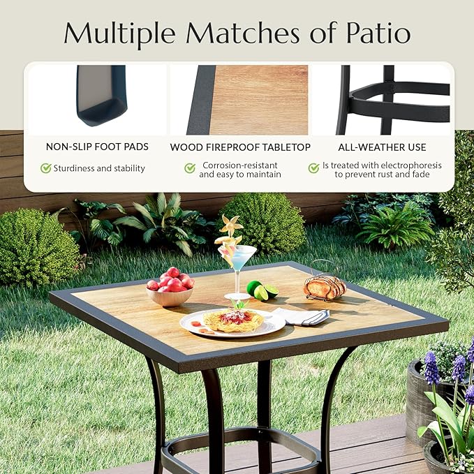 AECOJOY Outdoor Height Bar Table, 36'' Metal Frame Bar Table Bistro Square Table with Wooden Top, High Top Outdoor Pub for Patio Garden Lawn Poolside, Brown