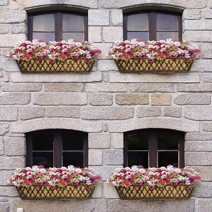 4 Pack 30 Inch Window Boxes Planters Railing Planter Box with Adjustable Brackets for Porch Fence Patio Balcony Hanging Flower Baskets with Coco Liners for Outdoor Garden Decor - Bronze