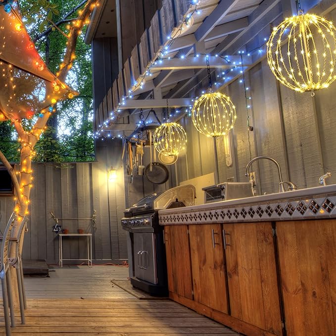 20IN Foldable Metal Frame Light Sphere - 200LED Hanging Tree and Pathway Light with Hook and Stake, UL Listed, White Frame, Warm White