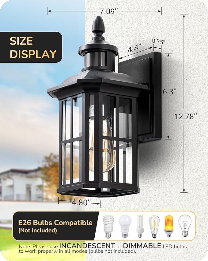 EDISHINE 2 Pack Motion Sensor Outdoor Wall Lights, Dusk to Dawn Exterior Lighting Fixture, Modern Porch Light Wall Mount, Clear Water Glass, Anti-Rust Aluminum for Front Door Garage, Patio, Black