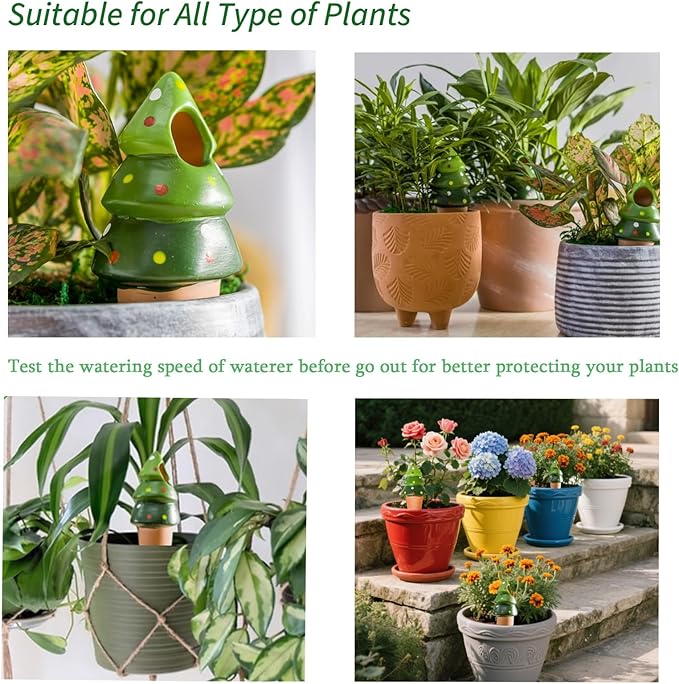 4 Pack Terracotta Christmas Tree Automatic Plant Watering Devices,Household self Watering Planter Insert, Watering Spikes for Indoor Plants,Holiday Potted Plant Continuous Moisture Device