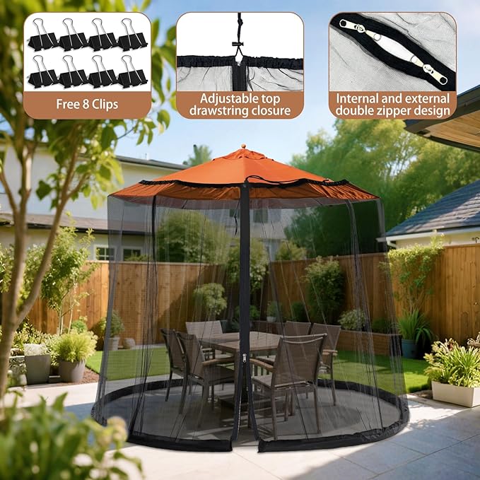 7.5-10FT Patio Mosquito Netting - Mosquito net for Patio Garden and Outdoor Umbrellas with Adjustable Elastic Cord and Zipper Umbrella net