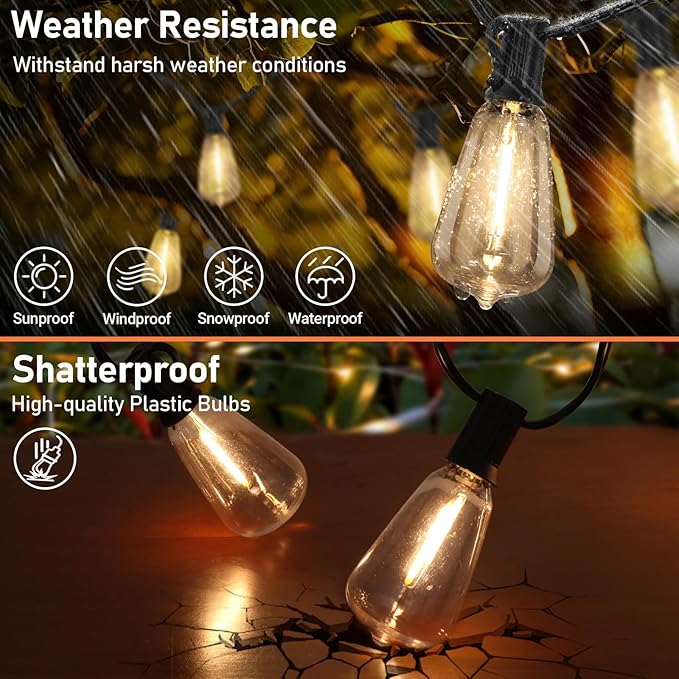Bosceos Solar Outdoor String Lights Waterproof, 80FT Solar Powered String Lights for Outside with Shatterproof Bulbs, Dimmable ST38 LED Lights String, Patio Hanging Lights for Backyard Garden Party