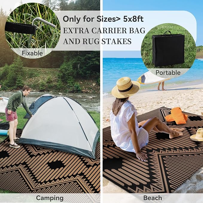 MontVoo Outdoor Rug-Waterproof Camping Rug Patio Rug Mat 6x9 Reversible Plastic Straw Outside Outdoor Rug for RV Camping Picnic Balcony Backyard Pool Deck Porch Modern Boho Black Brown