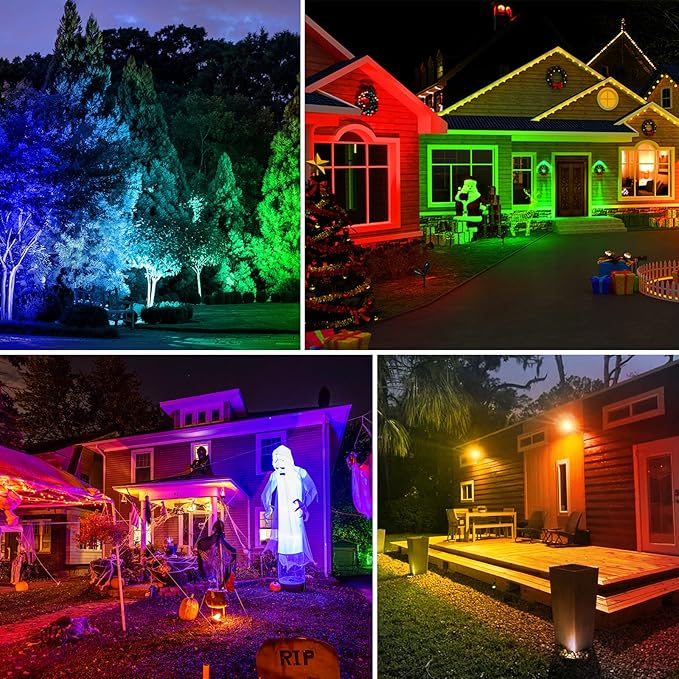 T-SUNUS Solar Landscape Spotlights Color Changing 4 Pack IP55 Waterproof Outdoor Christmas & Halloween RGB Pond Lights for Flag Yard Pathway Pool Patio Auto On/Off Adjustable Colorful Garden Lighting
