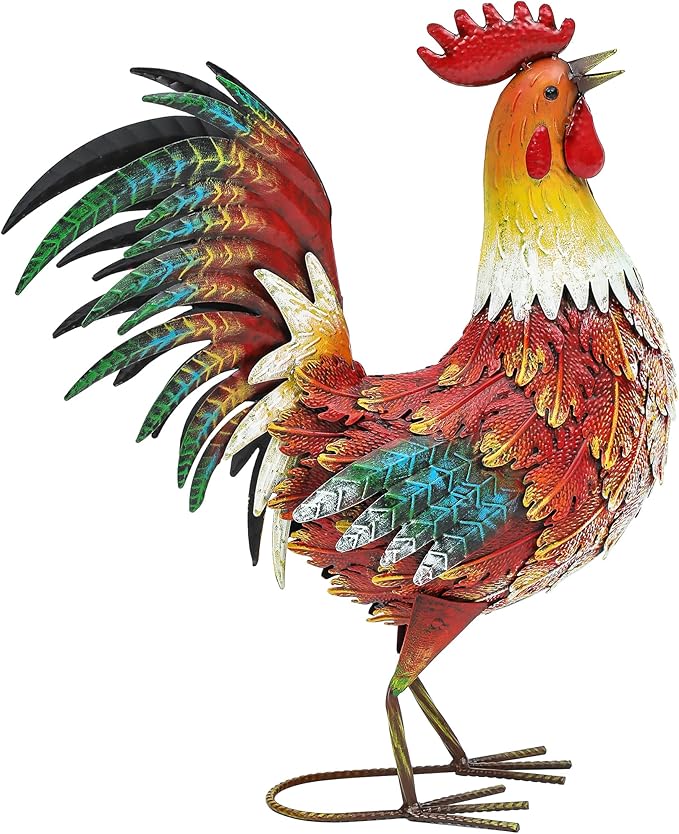 21" Metal Rooster Decor, Outdoor Garden Statues, Metal Chicken Sculpture for Backyard Patio Kitchen Decor