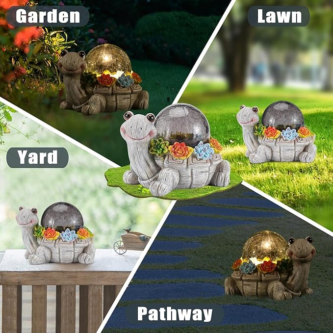 Solar Turtle Statue Garden Decor with Succulent Cracked Glass LED Lights Outdoor Decor Tortoise Figurines for Yard Lawn Balcony Patio Mom Decorations Women Birthday Housewarming Gifts