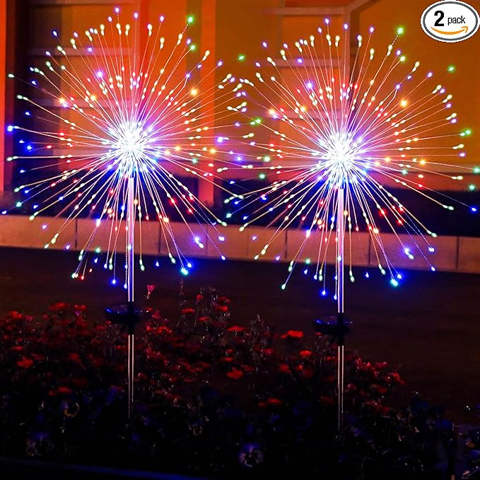 2 Pack Solar Firework Lights 150 LED Create Magical Nights, Waterproof Starburst Fairy Lights for Garden Yard Patio Christmas Romantic Wedding Party Decor(Color)
