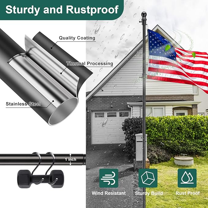 Yard Flag Pole for Outside House in Ground - 8.5 ft Tangle Free Stainless Steel Flagpole with 2 Anti-Tip Prong Base,Portable Flag Pole kit with 3x5 American Flag for Outdoor RV Camper,Black