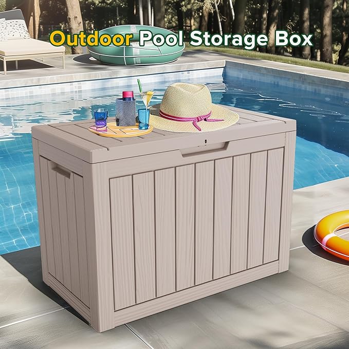 45 Gallon Outdoor Storage Box Waterproof Lockable Resin Deck Box Large, Patio Storage Bin for Pool Accessories Cushion Furniture, Garden Tools, UV-Resistant Outside Delivery Light Coffee