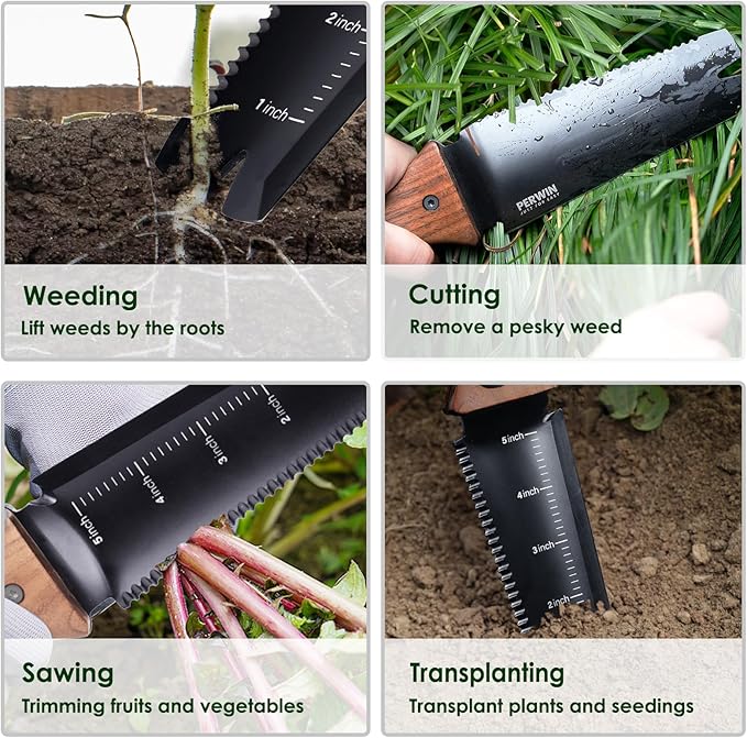 Hori Hori Garden Knife, Garden Tools with Sheath, 6" Stainless Steel Blade with Cutting Edge, Full-Tang Walnut Ergonomic Wood Handle with Hanging Hole, Weeding, Planting, Digging…