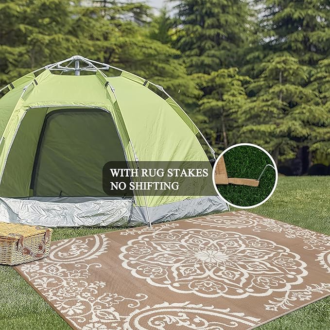 Pauwer Waterproof Outdoor Rug 6x9, Reversible Plastic Straw Patio Camping Rug, Indoor Outdoor RV Mat Carpet for Deck, Camper, Porch, Balcony, Backyard, Picnic, Boho Brown