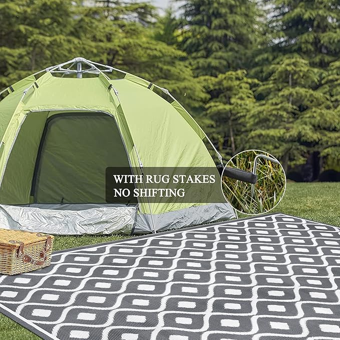 Pauwer Reversible Outdoor Rug, 9'x12', Waterproof, Polypropylene, Moroccan Grey, Area Rug for Patio, RV, Camping, Picnic, Backyard, Deck, Balcony, Porch