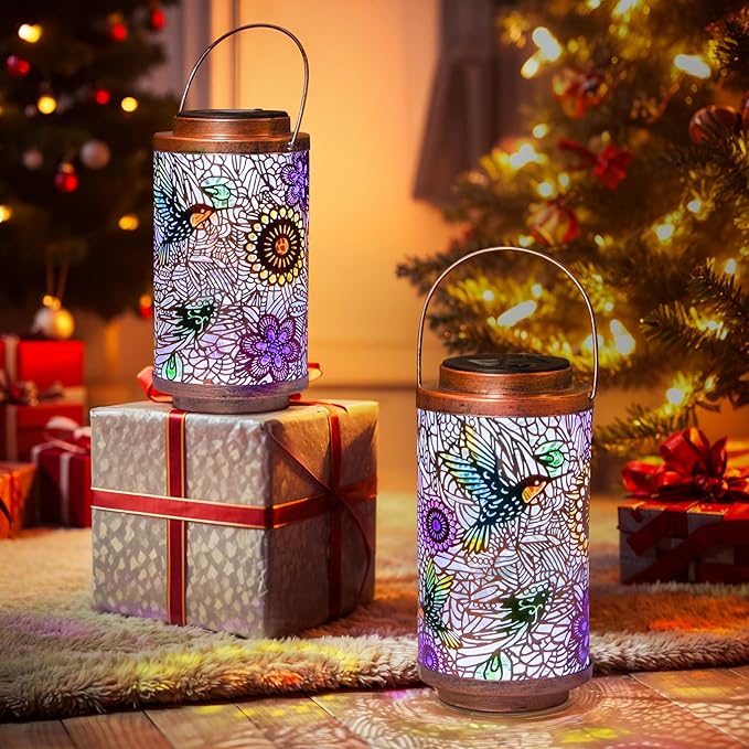 2Pack Solar Lanterns Outdoor Waterproof Hummingbird Gardening Gifts for Women, Multicolor Solar Lights Patio Lantern for Backyard Garden Decor, Porch, Outside, Mothers' Day Gifts for Mom Grandma