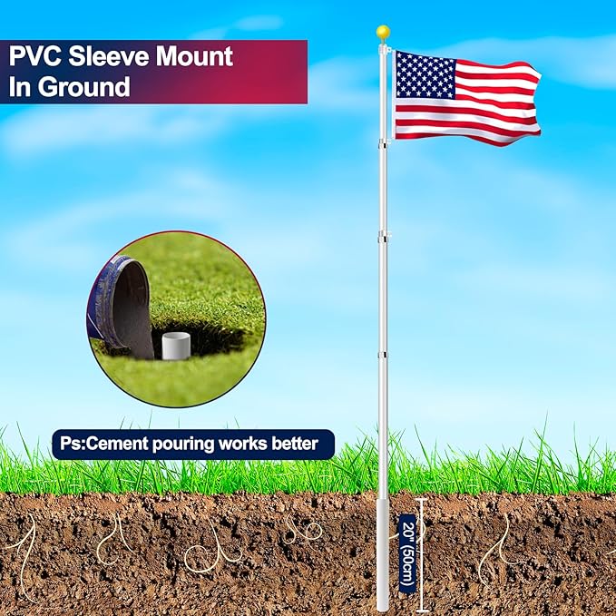 30FT Telescoping Flag Pole Kit, Heavy Duty 16 Gauge Aluminum Outdoor In Ground Flag Poles with Embroidered 3x5 USA Flag, for Residential or Commercial,Garden,Yard Flag Poles