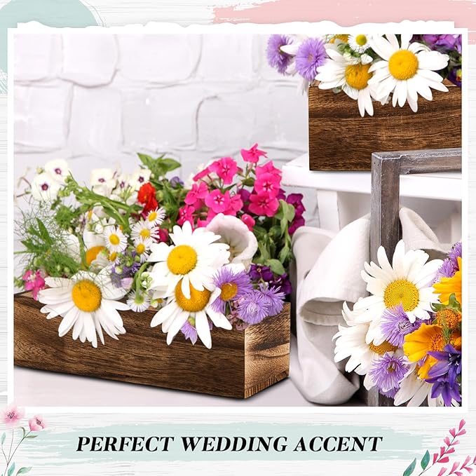 Dandat 4 Set Wood Boxes for Centerpieces Rectangle Wooden Planter Box Rustic Wood Planter with Removable Plastic Liner Floral Foam Blocks for Centerpieces Home Wedding Garden Decor (12x4 Inch)