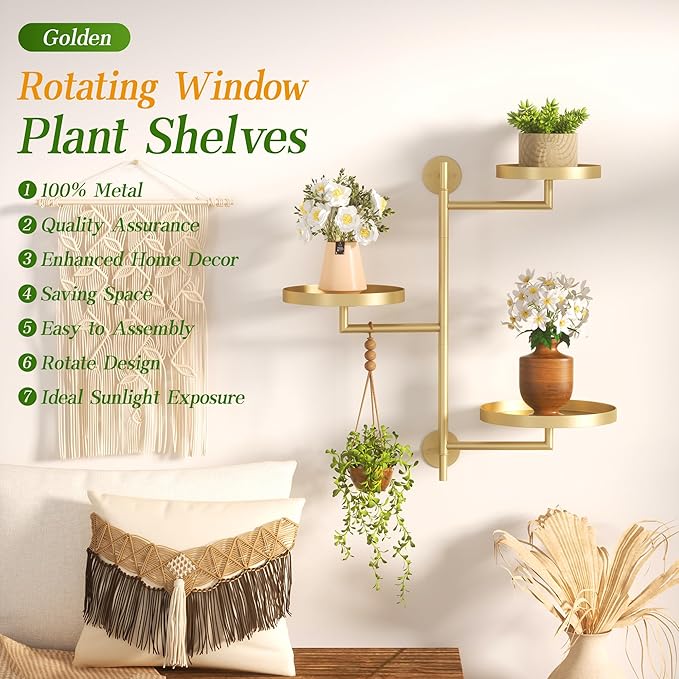 3-Tier Rotating Metal Window Plant Shelves Hanger, Wall-Mounted Gold Holder, Floating Shelf for Indoor Pots up to 6", Home Décor Gift for Plant Lovers