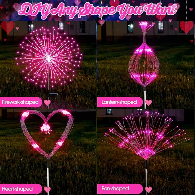 6 Pack Pink Solar Firework Lights 180 LED 8 Lighting Modes Waterproof Outdoor Decorative Solar Lights for Easter Wedding Birthday Garden Patio Yard Pathway Walkway Lawn Decor