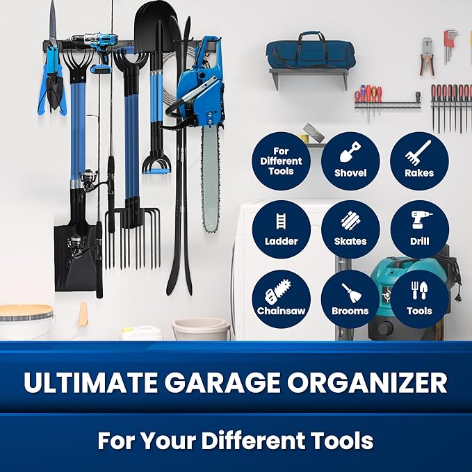 64'' All-Metal Garage Tool Organizer Wall Mount – Heavy-Duty Tool Rack Holds 680 lbs, Adjustable Hooks for Garage, Yard, and Garden Equipment