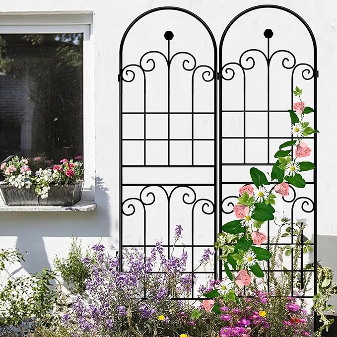 LZRS 2 Pack 71x20in Rustic Iron Arch Decoration Garden Trellis with Black Metal Coating – Perfect for Supporting Climbing Plants Outdoor, Roses, Vines, Flowers, and Vegetables.