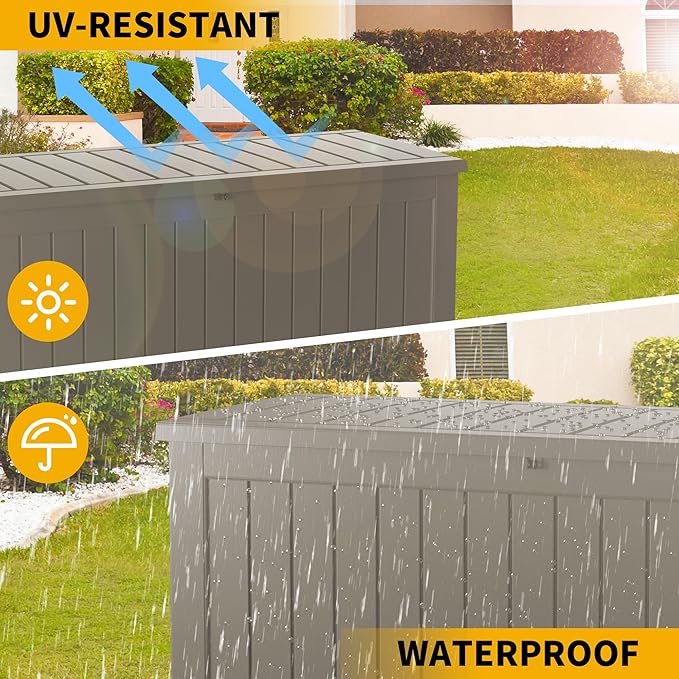 270 Gallon Outdoor Storage Box Waterproof Lockable Resin Deck Box Large, Patio Storage Bin for Pool Accessories Cushion Furniture, Garden Tools, UV-Resistant Outside Delivery Grey