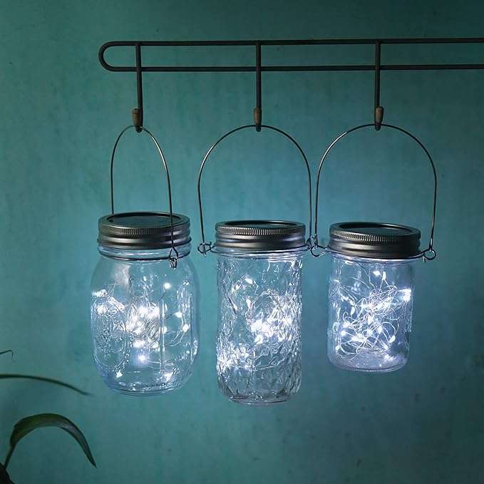 Decorman Solar Mason Jar Lights, 4 Pack 30 LED Fairy Star Firefly String Lids Lights with 4 Hangers for Patio Yard Garden Party Wedding Christmas Decoration(Jars Not Included) (4 Pack, Cool White)