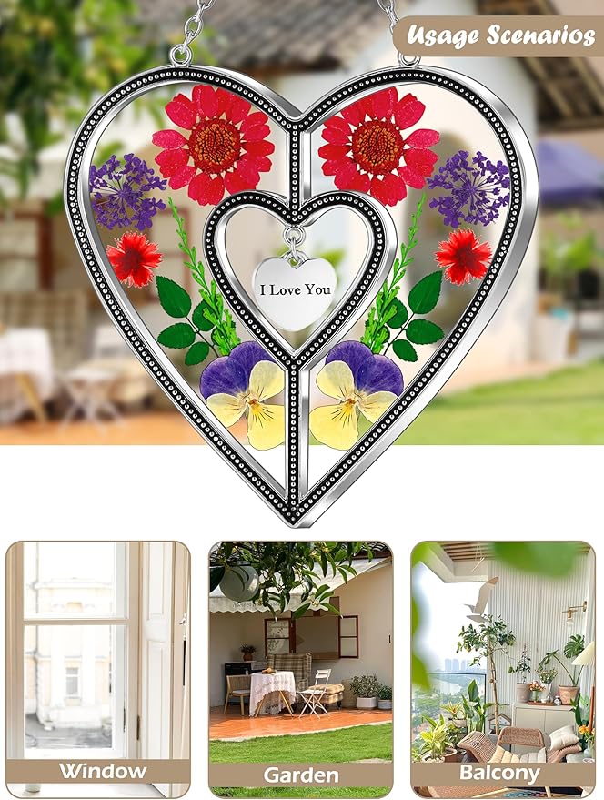 KY&BOSAM Heart Suncatchers I Love You Stained Glass Hangings for Windows Suncatcher Birthday Gifts for Women Mothers Valentine`s Day Real Flower Glass & Metal Maker for Christmas Party Home Decor