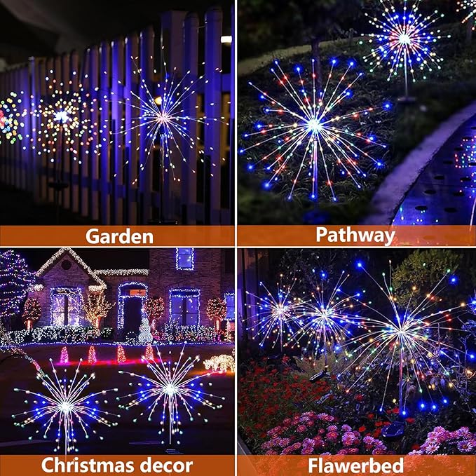 2 Pack Solar Firework Lights 150 LED Create Magical Nights, Waterproof Starburst Fairy Lights for Garden Yard Patio Christmas Romantic Wedding Party Decor(Color)
