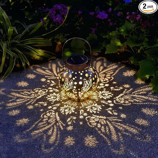 2 Pack Outdoor Solar Hanging Lantern Lights Metal LED Decorative Lamp for Garden Patio Porch Lawn and Table.Unique Gifts for Women Gardening. (Bronze Butterfly)