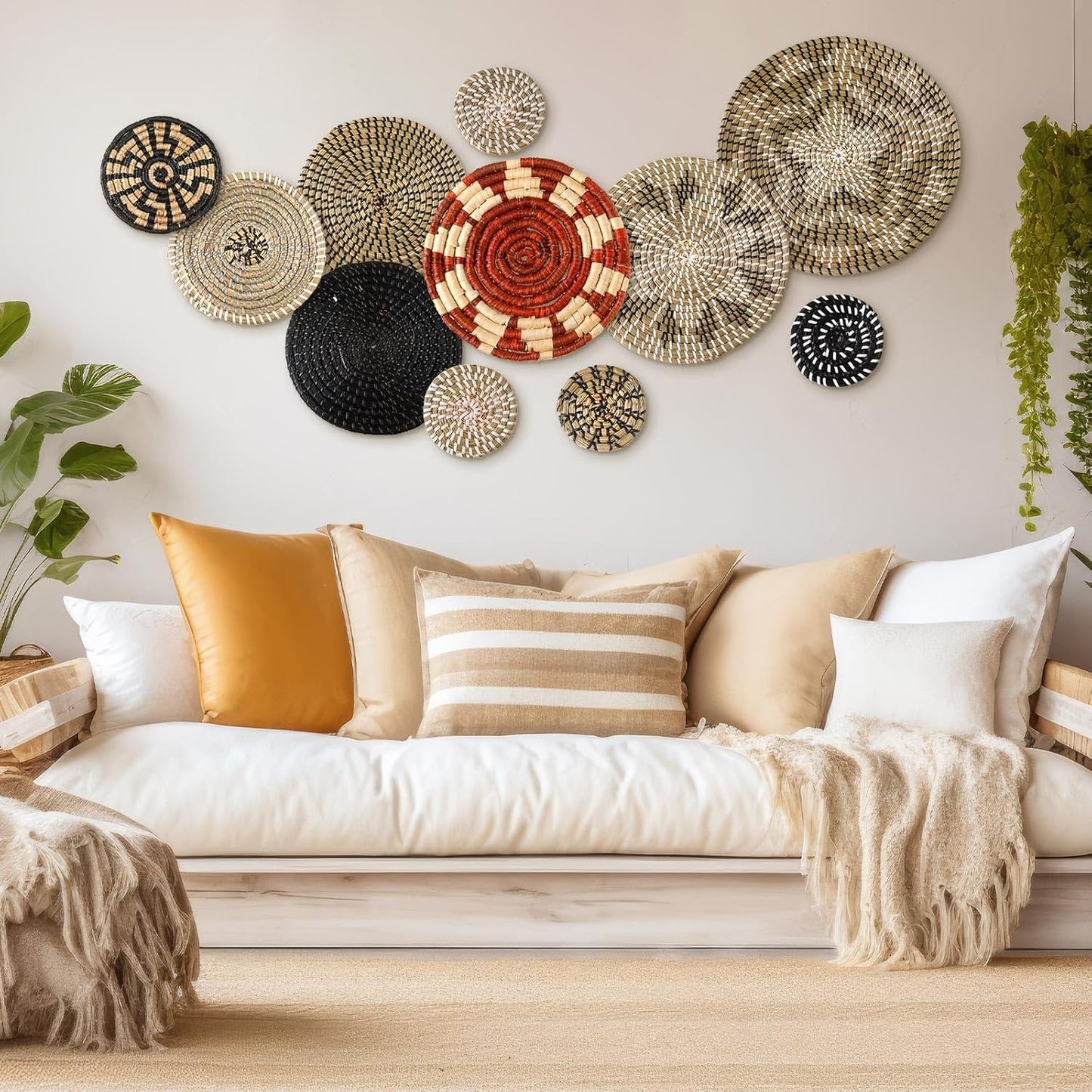 Tatuo 11 Pcs Boho Wall Basket Decor Decorative Bulrush Woven Basket Wall Decor Art Round Farmhouse Hanging Baskets for Kitchen Rustic Home Summer Decorations, Multi Sizes (Dark)