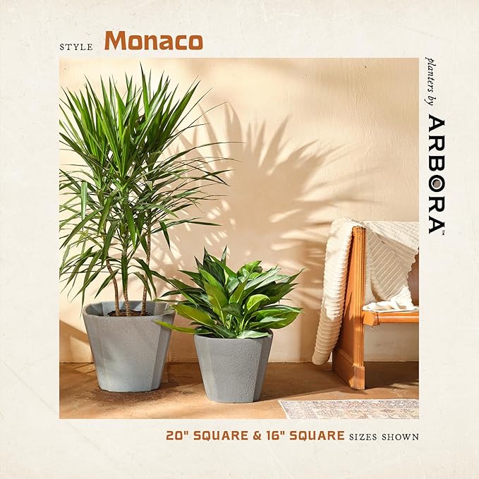 ARBORA 20" Monaco Square Polyresin Indoor and Outdoor Planter with Stone Blend Concrete Gray Finish - Durable, Weatherproof, Lightweight, Large Plant Pot for Patio, Garden, Deck, Entryway
