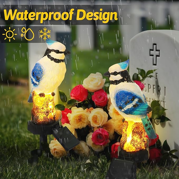 2 Pack Blue Jay Solar Lights Blue Jay Outdoor Decor Bluebird Solar Light Bird Figurine Garden Stake for Pathway Garden Lawn Yard Cemetery Decoration