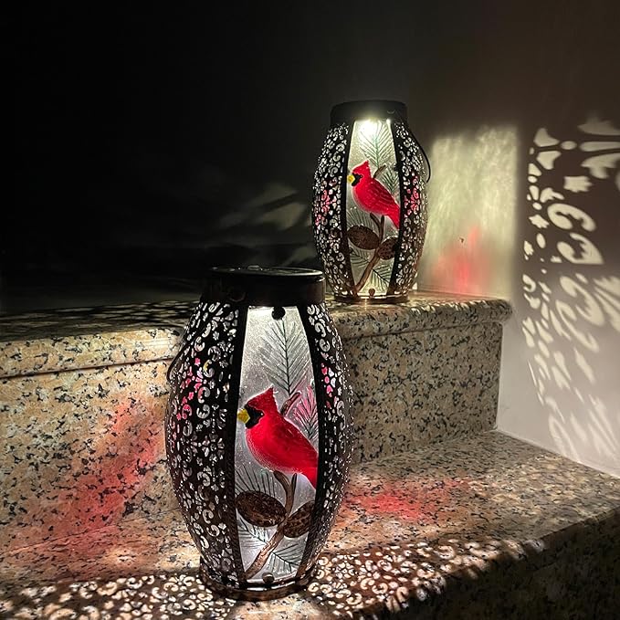 2PCS Cardinal Solar Lanterns Glass & Metal Hanging Light Outdoor Waterproof 16" H Tabletop Lamp with Hollowed-Out Design with Shepherd's Hooks for Garden Patio Table Decor