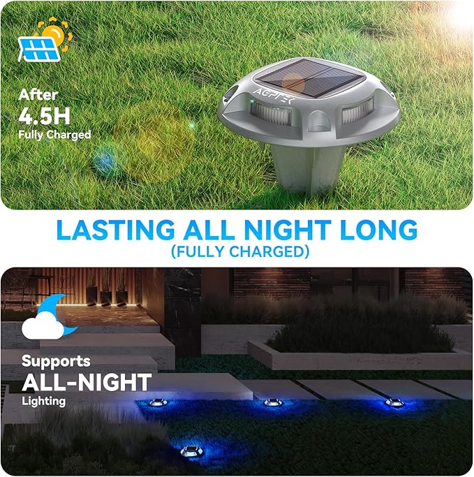 AGPTEK Solar Driveway Lights 4 Pack, 2 Colors in 1 Outdoor Solar Deck Dock Marine Waterproof LED Driveway Marker Security Lights for Outside Pathway,Boat Dock,Step,Walkway,Path,Garden (Blue & White)