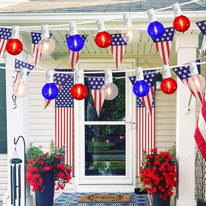 50Ft LED G40 Red White and Blue Lights Outdoor 4th of July Lights with 50+3 Shatterproof Bulbs for Patriotic Decor in Yard Garden Patio - Light up Memorial Day 4th of July Decorations Outdoor, 0.6W