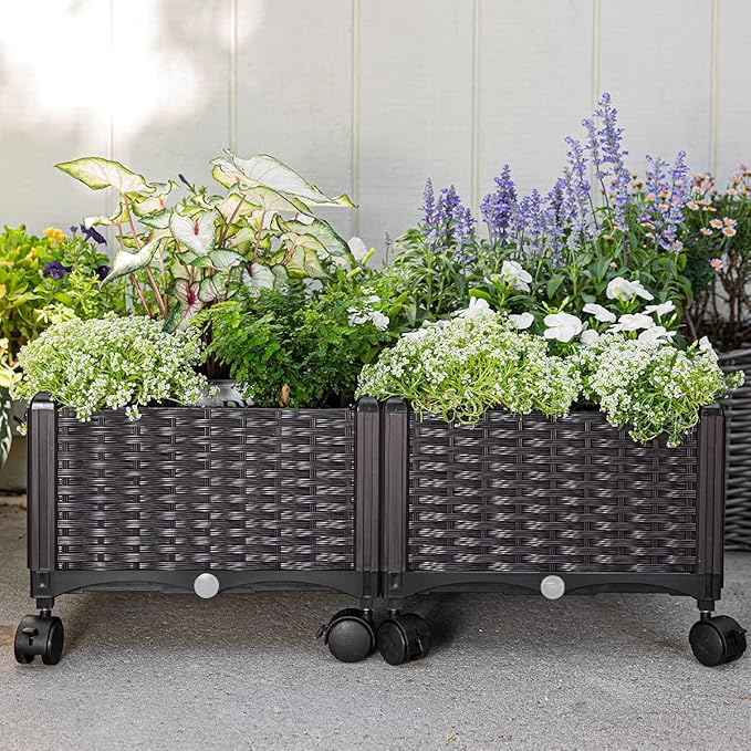 Barton 2 Pieces Rolling Garden Bed Brown Plastic w/Self-Watering Design Outdoor Elevated Planter Box Kit Wheels Mobile