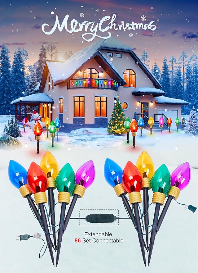 Moonflor 4 Pack Jumbo C9 Christmas Pathway Lights Outdoor - Total 34FT 20 LED C9 Christmas Walkway Lights, Multicolor Christmas Decoration Outside, Giant Christmas Lights Outdoor for Lawn Holiday Yard