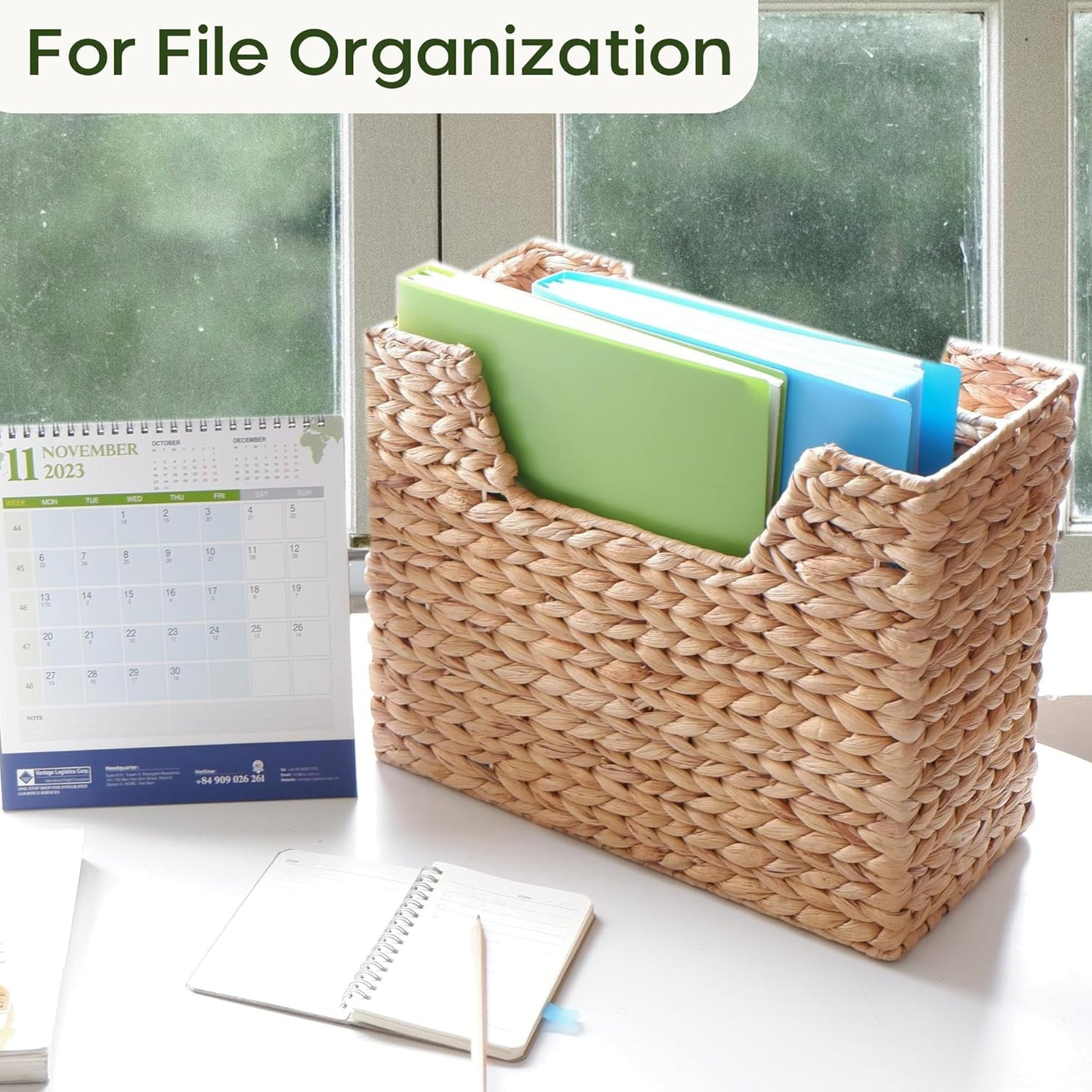 Wicker Magazine Basket, Handwoven Water Hyacinth Storage Bin & Organizer for Files, Books, Newspapers, Documents, Decorative Storage Bin with Handle for Office, Living Room, Dorm, Bathroom