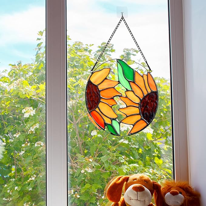 BOXCASA Sunflower Decor Stained Glass Window Hanging,Handmade Art Craft Sun Flower Glass Suncatchers for Window,Tiffany Style Ornament Home Decoration Housewarming Gifts for Mother