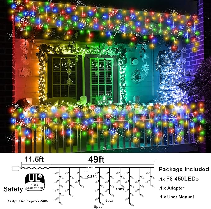 49FT 450LED F8 Upgraded Christmas Lights Decorations - 8 Modes Waterproof Outdoor Fairy String Lights With Memory and Timer - Plug-in for Holiday, Party, Wedding, Home, Roof
