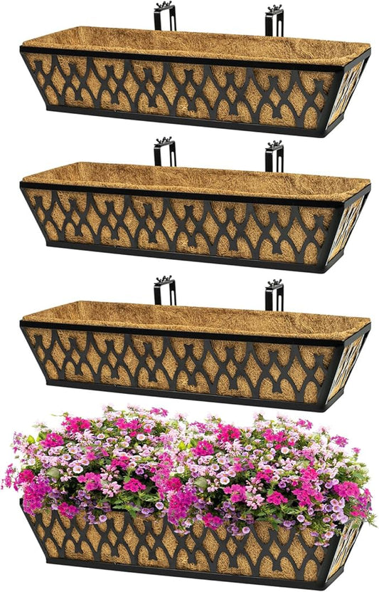 4 Pack 24 Inch Window Boxes Planters for Outdoor Plants Railing Planter Box with Adjustable Brackets for Windowsill Porch Fence Patio Hanging Flower Coco Baskets for Outside Decoration - Black