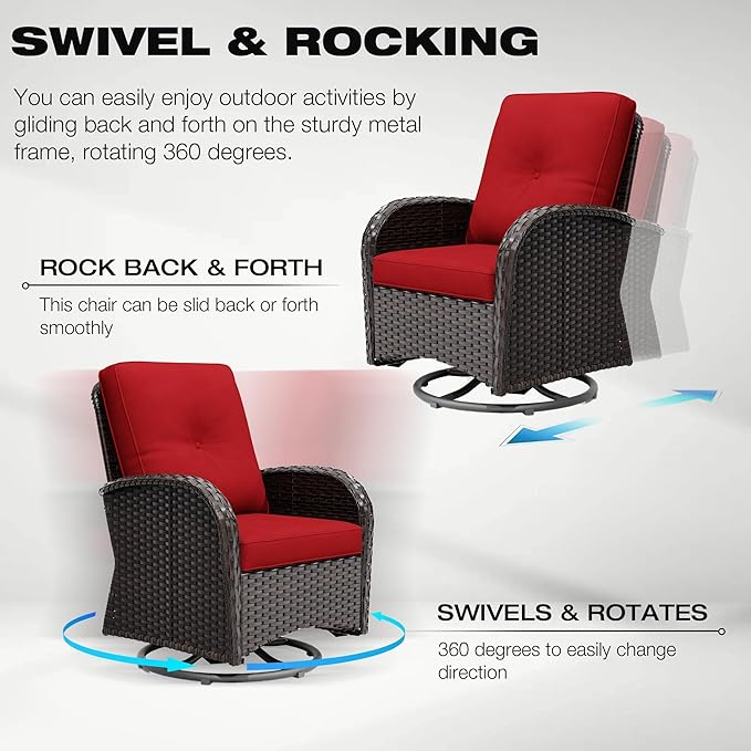 Joyside 10 Piece Patio Furniture Set, Outdoor Wicker Conversation Sets with Swivel Rocker Chairs and Sofa, Thick Cushion, Rattan Patio Sectional for Porch, Deck Use (Brown/Red, 10 PCS)
